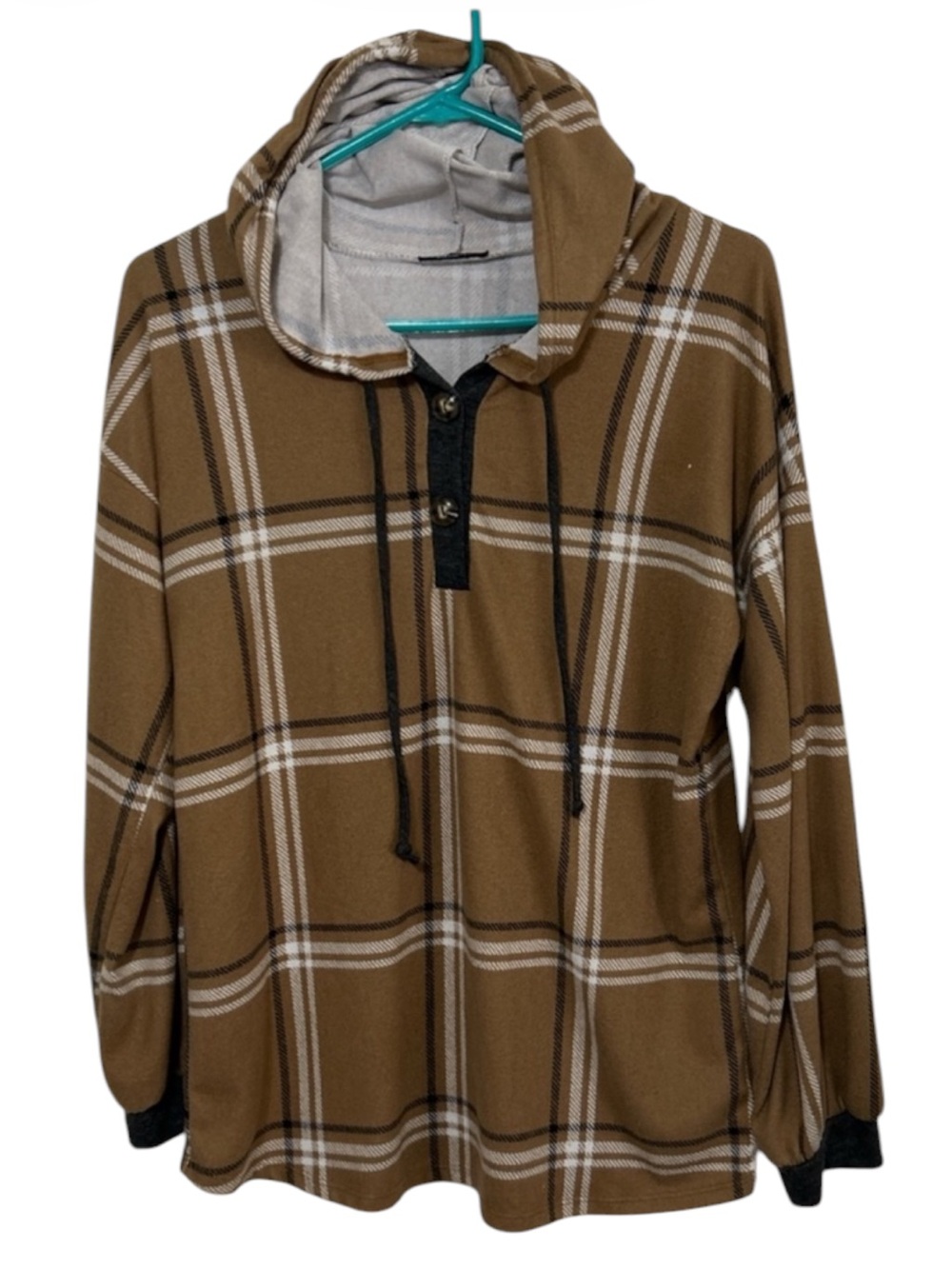 HEIMISH U.S.A. Plaid Hooded Henley Pullover Top with Drawstring